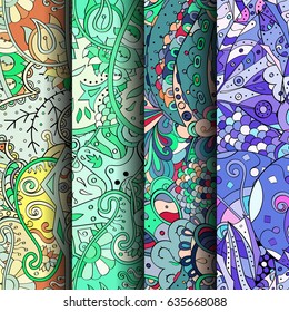 Set of tracery colorful seamless patterns. Vertical stripes. Curved doodling backgrounds for textile or printing with mehndi and ethnic motives. Vector