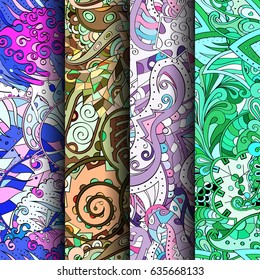 Set of tracery colorful seamless patterns. Vertical stripes. Curved doodling backgrounds for textile or printing with mehndi and ethnic motives. Vector