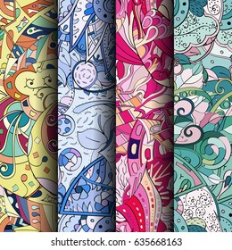 Set of tracery colorful seamless patterns. Vertical stripes. Curved doodling backgrounds for textile or printing with mehndi and ethnic motives. Vector