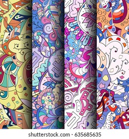 Set of tracery colorful seamless patterns. Vertical stripes. Curved doodling backgrounds for textile or printing with mehndi and ethnic motives. Vector