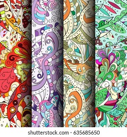 Set of tracery colorful seamless patterns. Vertical stripes. Curved doodling backgrounds for textile or printing with mehndi and ethnic motives. Vector