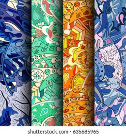 Set of tracery colorful seamless patterns. Vertical stripes. Curved doodling backgrounds for textile or printing with mehndi and ethnic motives. Vector