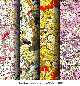 Set of tracery colorful seamless patterns. Vertical stripes. Curved doodling backgrounds for textile or printing with mehndi and ethnic motives. Vector
