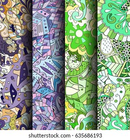 Set of tracery colorful seamless patterns. Vertical stripes. Curved doodling backgrounds for textile or printing with mehndi and ethnic motives. Vector
