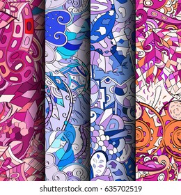 Set of tracery colorful seamless patterns. Vertical stripes. Curved doodling backgrounds for textile or printing with mehndi and ethnic motives. Vector