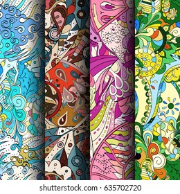 Set of tracery colorful seamless patterns. Vertical stripes. Curved doodling backgrounds for textile or printing with mehndi and ethnic motives. Vector