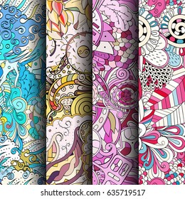 Set of tracery colorful seamless patterns. Vertical stripes. Curved doodling backgrounds for textile or printing with mehndi and ethnic motives. Vector