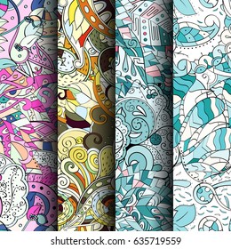Set of tracery colorful seamless patterns. Vertical stripes. Curved doodling backgrounds for textile or printing with mehndi and ethnic motives. Vector