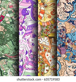 Set of tracery colorful seamless patterns. Vertical stripes. Curved doodling backgrounds for textile or printing with mehndi and ethnic motives. Vector