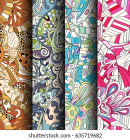 Set of tracery colorful seamless patterns. Vertical stripes. Curved doodling backgrounds for textile or printing with mehndi and ethnic motives. Vector
