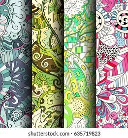 Set of tracery colorful seamless patterns. Vertical stripes. Curved doodling backgrounds for textile or printing with mehndi and ethnic motives. Vector