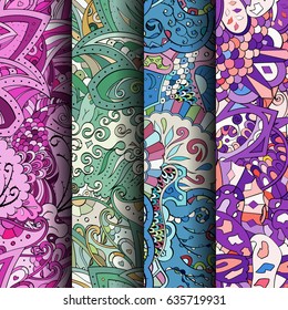 Set of tracery colorful seamless patterns. Vertical stripes. Curved doodling backgrounds for textile or printing with mehndi and ethnic motives. Vector