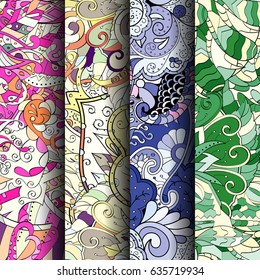 Set of tracery colorful seamless patterns. Vertical stripes. Curved doodling backgrounds for textile or printing with mehndi and ethnic motives. Vector