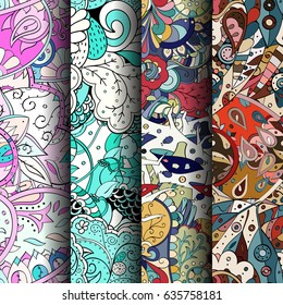 Set of tracery colorful seamless patterns. Vertical stripes. Curved doodling backgrounds for textile or printing with mehndi and ethnic motives. Vector