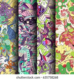 Set of tracery colorful seamless patterns. Vertical stripes. Curved doodling backgrounds for textile or printing with mehndi and ethnic motives. Vector