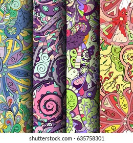 Set of tracery colorful seamless patterns. Vertical stripes. Curved doodling backgrounds for textile or printing with mehndi and ethnic motives. Vector