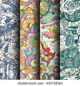 Set of tracery colorful seamless patterns. Vertical stripes. Curved doodling backgrounds for textile or printing with mehndi and ethnic motives. Vector