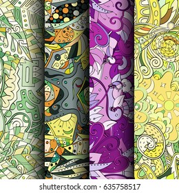 Set of tracery colorful seamless patterns. Vertical stripes. Curved doodling backgrounds for textile or printing with mehndi and ethnic motives. Vector