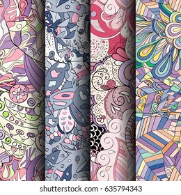 Set of tracery colorful seamless patterns. Vertical stripes. Curved doodling backgrounds for textile or printing with mehndi and ethnic motives. Vector