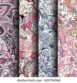Set of tracery colorful seamless patterns. Vertical stripes. Curved doodling backgrounds for textile or printing with mehndi and ethnic motives. Vector