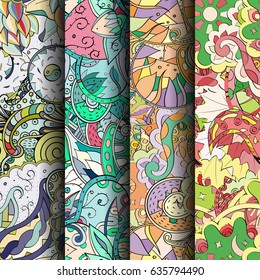 Set of tracery colorful seamless patterns. Vertical stripes. Curved doodling backgrounds for textile or printing with mehndi and ethnic motives. Vector