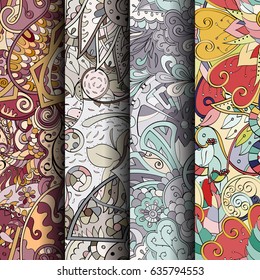 Set of tracery colorful seamless patterns. Vertical stripes. Curved doodling backgrounds for textile or printing with mehndi and ethnic motives. Vector