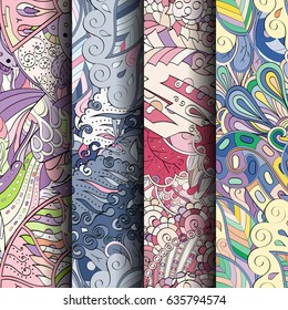 Set of tracery colorful seamless patterns. Vertical stripes. Curved doodling backgrounds for textile or printing with mehndi and ethnic motives. Vector