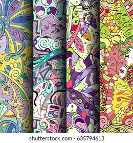 Set of tracery colorful seamless patterns. Vertical stripes. Curved doodling backgrounds for textile or printing with mehndi and ethnic motives. Vector