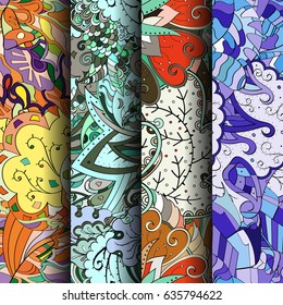 Set of tracery colorful seamless patterns. Vertical stripes. Curved doodling backgrounds for textile or printing with mehndi and ethnic motives. Vector