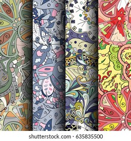Set of tracery colorful seamless patterns. Vertical stripes. Curved doodling backgrounds for textile or printing with mehndi and ethnic motives. Vector