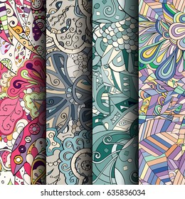 Set of tracery colorful seamless patterns. Vertical stripes. Curved doodling backgrounds for textile or printing with mehndi and ethnic motives. Vector