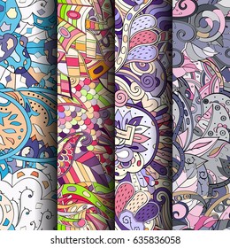 Set of tracery colorful seamless patterns. Vertical stripes. Curved doodling backgrounds for textile or printing with mehndi and ethnic motives. Vector