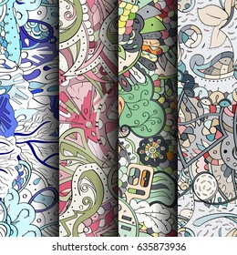 Set of tracery colorful seamless patterns. Vertical stripes. Curved doodling backgrounds for textile or printing with mehndi and ethnic motives. Vector