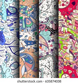 Set of tracery colorful seamless patterns. Vertical stripes. Curved doodling backgrounds for textile or printing with mehndi and ethnic motives. Vector