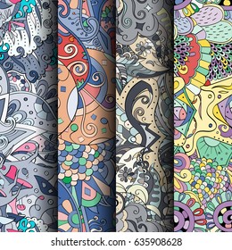 Set of tracery colorful seamless patterns. Vertical stripes. Curved doodling backgrounds for textile or printing with mehndi and ethnic motives. Vector