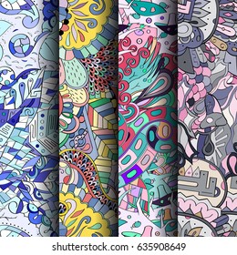 Set of tracery colorful seamless patterns. Vertical stripes. Curved doodling backgrounds for textile or printing with mehndi and ethnic motives. Vector