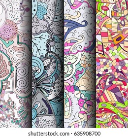 Set of tracery colorful seamless patterns. Vertical stripes. Curved doodling backgrounds for textile or printing with mehndi and ethnic motives. Vector