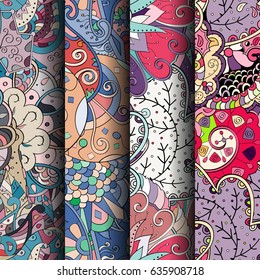 Set of tracery colorful seamless patterns. Vertical stripes. Curved doodling backgrounds for textile or printing with mehndi and ethnic motives. Vector