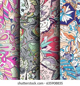 Set of tracery colorful seamless patterns. Vertical stripes. Curved doodling backgrounds for textile or printing with mehndi and ethnic motives. Vector