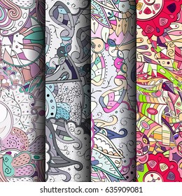 Set of tracery colorful seamless patterns. Vertical stripes. Curved doodling backgrounds for textile or printing with mehndi and ethnic motives. Vector
