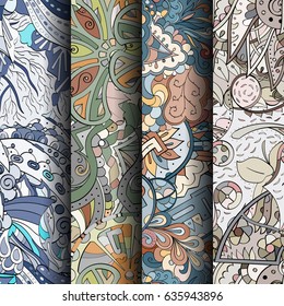 Set of tracery colorful seamless patterns. Vertical stripes. Curved doodling backgrounds for textile or printing with mehndi and ethnic motives. Vector