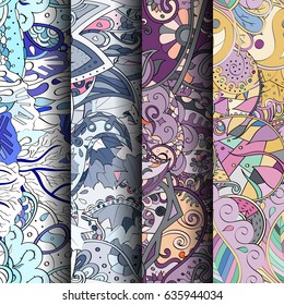 Set of tracery colorful seamless patterns. Vertical stripes. Curved doodling backgrounds for textile or printing with mehndi and ethnic motives. Vector