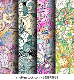 Set of tracery colorful seamless patterns. Vertical stripes. Curved doodling backgrounds for textile or printing with mehndi and ethnic motives. Vector