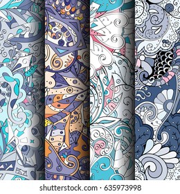 Set of tracery colorful seamless patterns. Vertical stripes. Curved doodling backgrounds for textile or printing with mehndi and ethnic motives. Vector