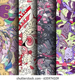 Set of tracery colorful seamless patterns. Vertical stripes. Curved doodling backgrounds for textile or printing with mehndi and ethnic motives. Vector