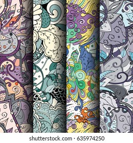 Set of tracery colorful seamless patterns. Vertical stripes. Curved doodling backgrounds for textile or printing with mehndi and ethnic motives. Vector