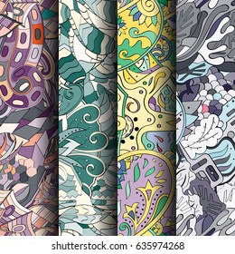 Set of tracery colorful seamless patterns. Vertical stripes. Curved doodling backgrounds for textile or printing with mehndi and ethnic motives. Vector