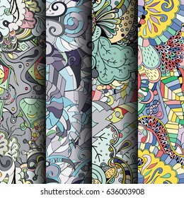 Set of tracery colorful seamless patterns. Vertical stripes. Curved doodling backgrounds for textile or printing with mehndi and ethnic motives. Vector