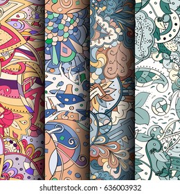 Set of tracery colorful seamless patterns. Vertical stripes. Curved doodling backgrounds for textile or printing with mehndi and ethnic motives. Vector