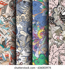 Set of tracery colorful seamless patterns. Vertical stripes. Curved doodling backgrounds for textile or printing with mehndi and ethnic motives. Vector